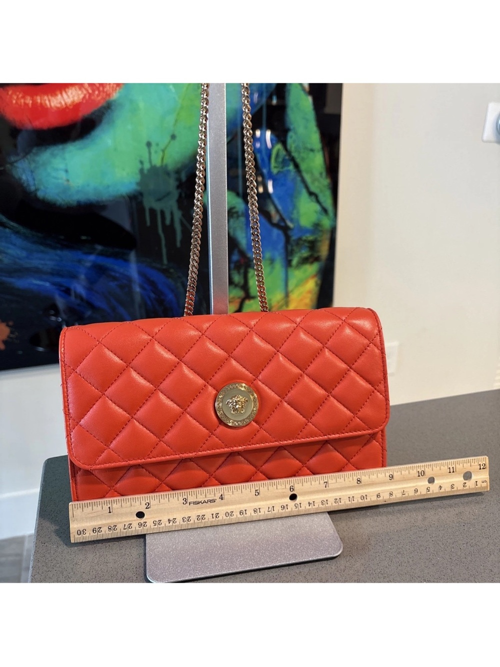 Versace Quilted Coral-Red Chain Shoulder Bag $ 1795 Retail - Picture 6 of 14